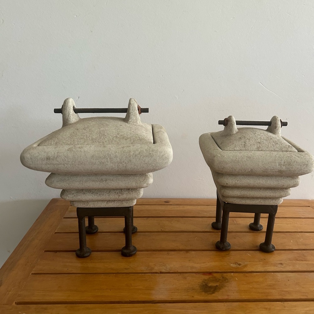 Vintage Mexican pottery lidded vessel on an iron base Circa 1991,